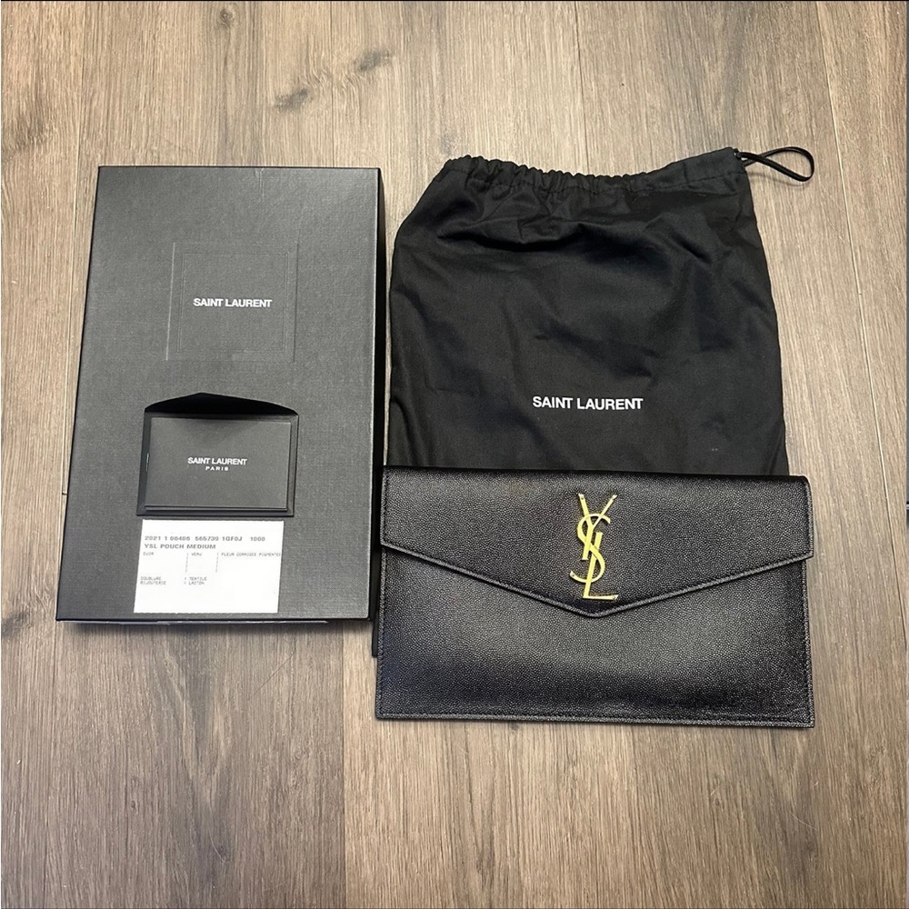 YSL Uptown Monogram Grain de Poudre Black Pouch Clutch Bag Medium
